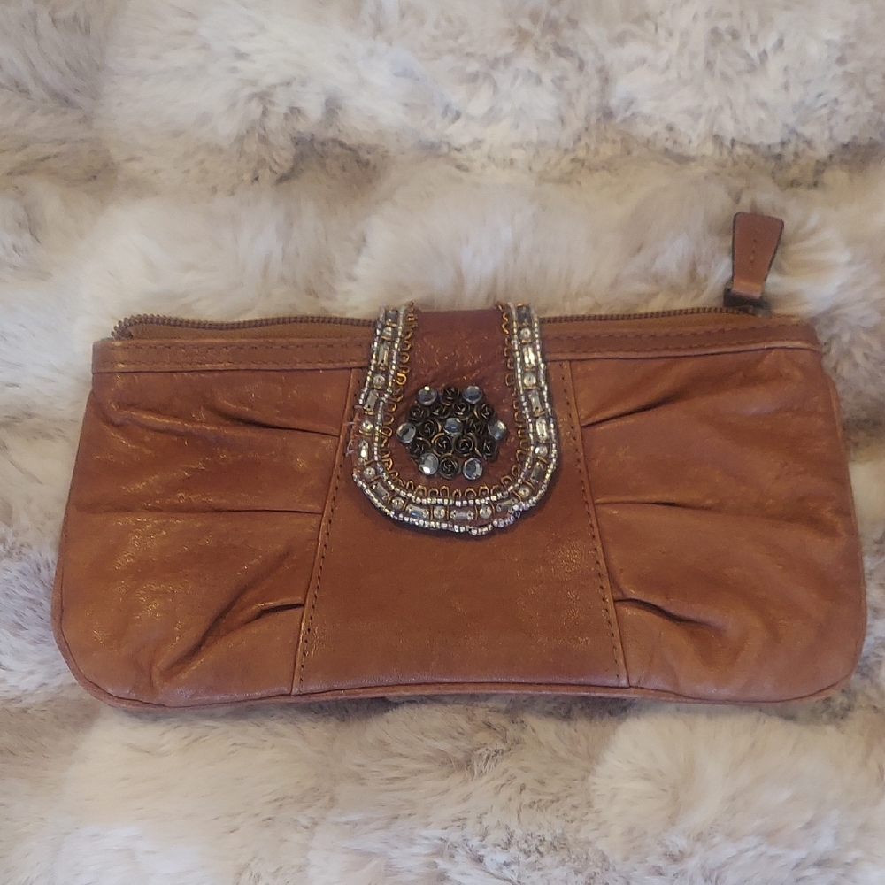 Fossil Brown Clutch with Decorative Clasp and Ruched Texture